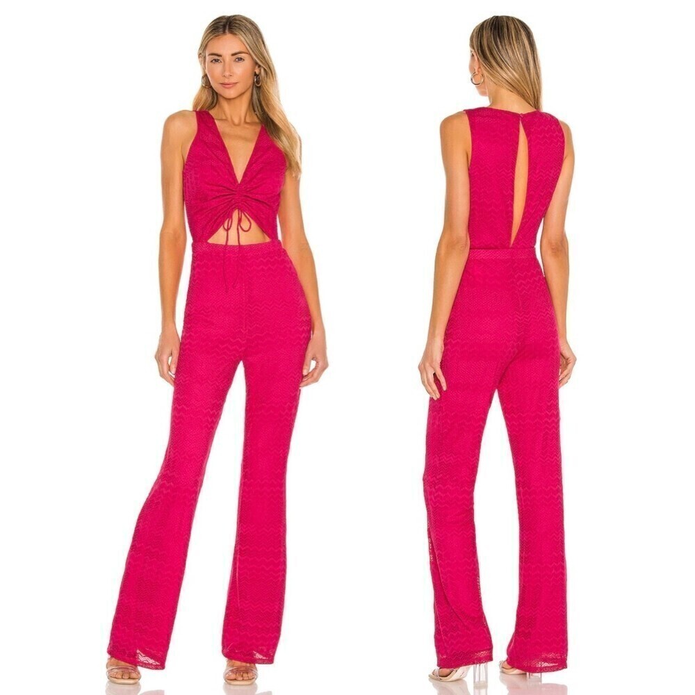 NWT Lovers + Friends Sharon Knit Flared Leg Jumpsuit 70s Boho Pink Fuchsia Small